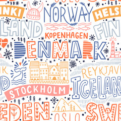 Around the World. NORDIC EUROPE vector lettering seamless pattern. Country and major cities. Vector illustration