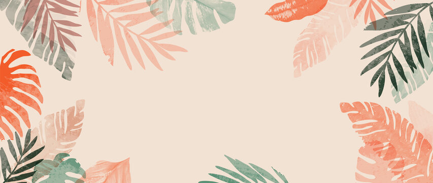 Pink summer tropical background vector. Palm leaves, monstera leaf, Botanical background design for wall framed prints, wall art, invitation, canvas prints, poster, home decor, cover, wallpaper.	
