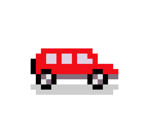 Pixel car images for game assets. Vector illustration of a cross stitch pattern or t-shirt design.