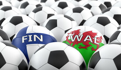 Fototapeta premium Wales vs. Finland Soccer Match - Leather balls in Wales and Finland national colors. 3D Rendering 
