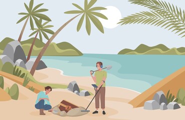 Archeologists finding treasure on sandy beach vector flat illustration. Excited men with archeological equipment searching for artifacts. Treasure hunters using a metal detector at tropical beach.