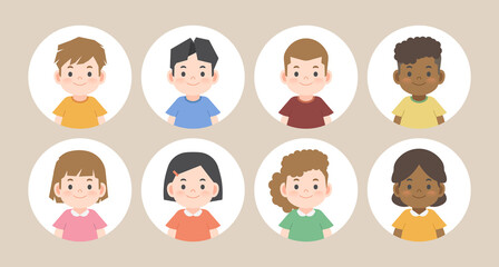 A group of cute kids avatar face icon set design character cartoon in circle illustration vector on white background. Kids concept