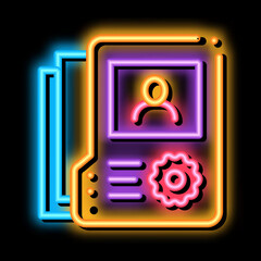 information about person neon light sign vector. Glowing bright icon information about person sign. transparent symbol illustration