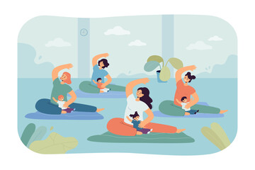 Women doing yoga with babies. Flat vector illustration. Group of mothers exercising with children in gym. Family, healthy lifestyle, sport, motherhood concept for banner design or landing page