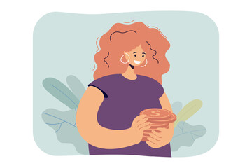 Woman holding stack of golden coins. Female character saving money flat vector illustration. Finances, investment, wealth concept for banner, website design or landing web page