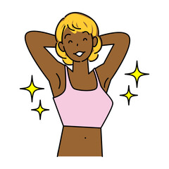 日焼けサロンで綺麗な小麦色に焼けた肌を喜んでいる可愛い女性 笑顔 イラスト ベクター