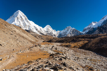 Trekking trail to Everest base camp surrounded by Himalaya mountains range in Nepal