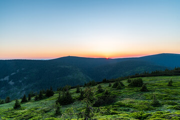 Sunset from Cervena hora hill in Jeseniky mountains in Czech republic
