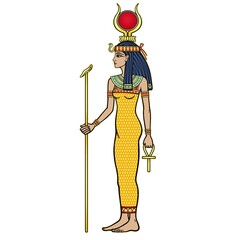 Animation color portrait: Egyptian Goddess Isis holds symbols of power - a cross and a staff. Full growth. Profile view. Vector illustration isolated on a white background. 