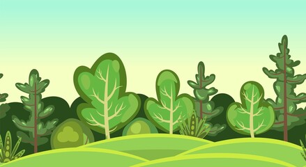 Flat forest. Horizontal seamless composition. Hills. Cartoon style. Funny green rural landscape. Level the game. Comic design. Cute scene with trees. Vector