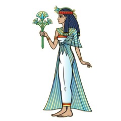 Animation color portrait: beautiful Egyptian woman stands with a bouquet of flowers in hand. Full growth. Goddess, princess. Profile view. Vector illustration isolated on a white background. 