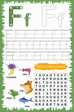 educational worksheet for children learning the English alphabet. Handwriting and crossword puzzle game for memorizing words. Letter F
