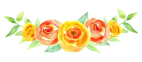 Garland of yellow and orange roses, watercolor hand drawing illustration, isolated, white background. Design element for wedding invitations, greeting cards