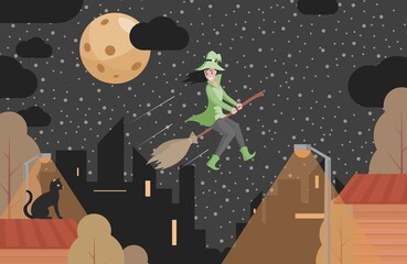 Happy smiling witch in green clothes flying on broomstick vector flat illustration. Young woman using magic to fly above the night city. Outdoor landscape. Halloween scary night background concept.