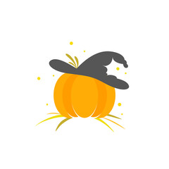 Pumpkin icon with witch hat, grass and fireflies. Orange gourd label.