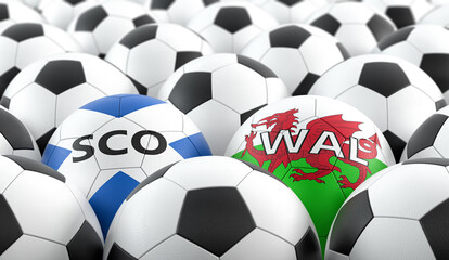 Wales vs. Scotland Soccer Match - Leather balls in Wales and Scotland national colors. 3D Rendering 