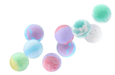 Many different aromatic bath bombs falling on white background