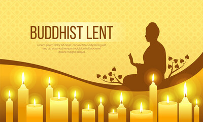 The Buddhist lent day - silhouette buddha sit sign and yellow candles light to pray on yellow texture background vector design - obrazy, fototapety, plakaty