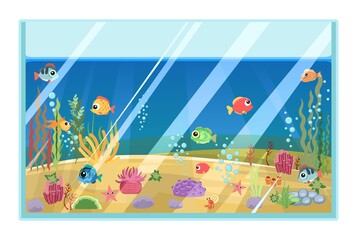 Glass aquarium. Tropical fish. Underwater life. Wild animals. Summer water. Illustration in cartoon style. Flat design. Vector art