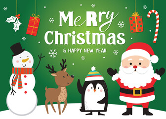 Cute Christmas characters with typography Merry Christmas on green background