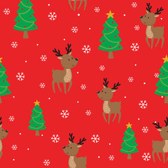 Seamless Reindeer and Christmas tree on red background