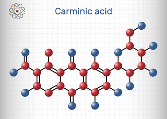 Carminic acid molecule. It is сoloring matter, red glucosidal hydroxyanthrapurin. It is used in foods, pharmaceuticals. Sheet of paper in a cage