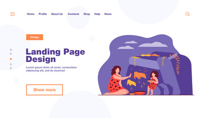 Ancient woman and kid painting on stone wall isolated flat vector illustration. Cartoon Prehistoric people drawing primitive animals and hunters. Rock art design and family concept