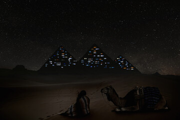 Futuristic and dystopian view of the great pyramid in Egypt. Conceptual scene of the great pyramid converted into a modern office building. - obrazy, fototapety, plakaty