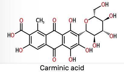 Carminic acid molecule. It is сoloring matter, red glucosidal hydroxyanthrapurin. It is used in foods, pharmaceuticals. Skeletal chemical formula