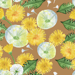 floral pattern dandelions and fluffs with leaves on brown background