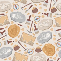 Fossil fish and dinosaurs skeletons and plants, maps, compass, coins, brushes, and archeology tools vector flat seamless pattern. Stone sections with bones and prehistoric herbs on beige background.