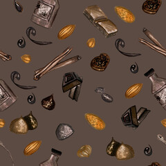 seamless pattern of candy and chocolate on brown background