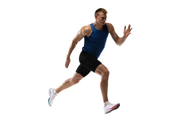 Caucasian professional male athlete, runner training isolated on white studio background. Muscular, sportive man. Concept of action, motion, youth, healthy lifestyle. Copyspace for ad.