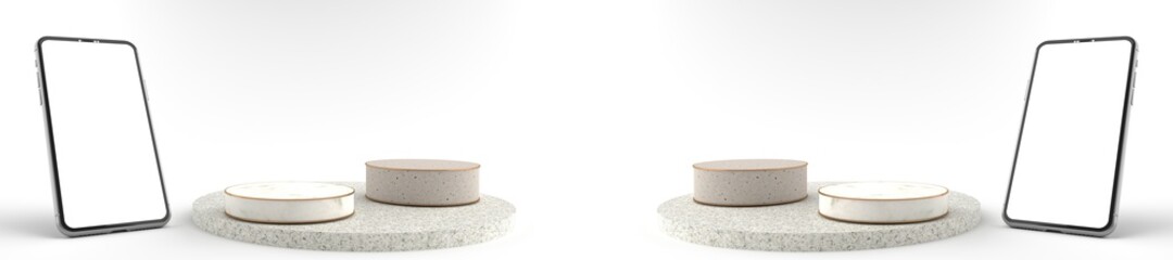 3D rendering of The Smartphone white screen side Round marble Pedestal, Mobile phone mockup tilted to the ground. Pedestal can be used for commercial advertising, Isolated on Minimal white background.