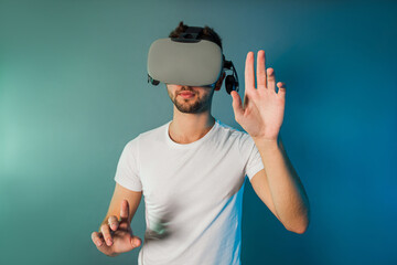 Man using virtual reality glasses for virtual shopping