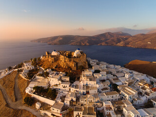 Aerial view at sunset from the drone of the Chora village of the Greek island of Astipalaia