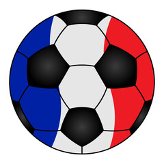 Soccer ball. The sports equipment is painted in the colors of the French flag. Colored vector illustration. Isolated white background. Cartoon style. A toy for playing on the sports ground. 