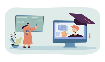 Teacher talking to student on huge computer screen. Graduation hat on monitor, woman in glasses at blackboard flat vector illustration. Online education, university concept for banner, website design