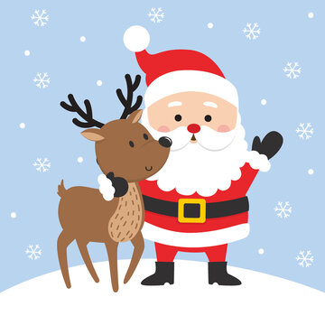 Cute cartoon Santa Claus and reindeer, vector illustration