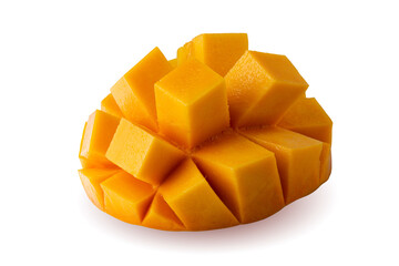 Mango cubes and mango slices isolated on a white background.