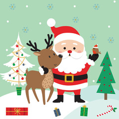 Cute cartoon Santa Claus and reindeer, vector illustration