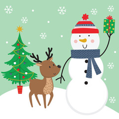 Cute snowman and reindeer, vector illustration