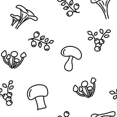 Seamless vector pattern with various mushrooms and blueberries. For fabric, paper, wrap, textile, poster, scrapbooking, wallpaper or background