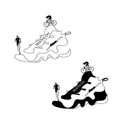 Black flat triathlon logo. Vector figures of triathletes on the background of a sports sneaker isolated on a white background. The symbol of swimming, cycling and running. minimalism