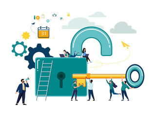 Business team holds a golden key and unlocks the lock. Successful businessman and entrepreneur working together, teamwork. Business solution concept. Flat isometric illustration, vector, green design