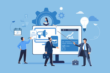 Vector illustration, blue design. Creative teamwork. People are building a business project on the Internet website, work. The monitor screen is a construction site. Collective performance of tasks