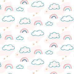children's print with rainbows, background for girls, pattern for children's bed linen, print for little girls, clouds, stars, abstraction, pink pattern