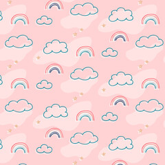 children's print with rainbows, background for girls, pattern for children's bed linen, print for little girls, clouds, stars, abstraction, pink pattern