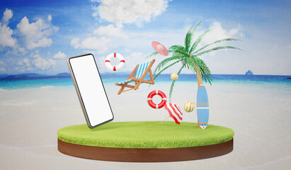 Smartphone on the beach. concept public relations in tourism , sea summer, vacation,  3D illustration.