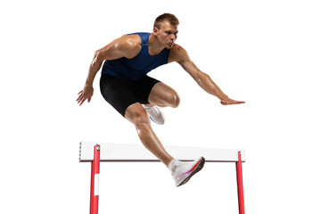 Athlete man athlete jumps over the barrier isolated on white background.